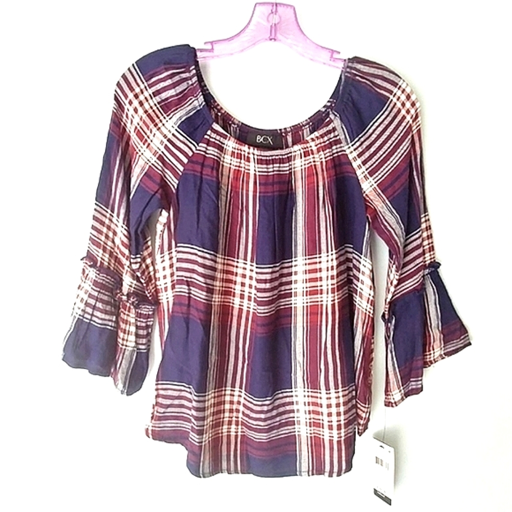 BCX Women's Yarn Dye Plaid Peasant Top